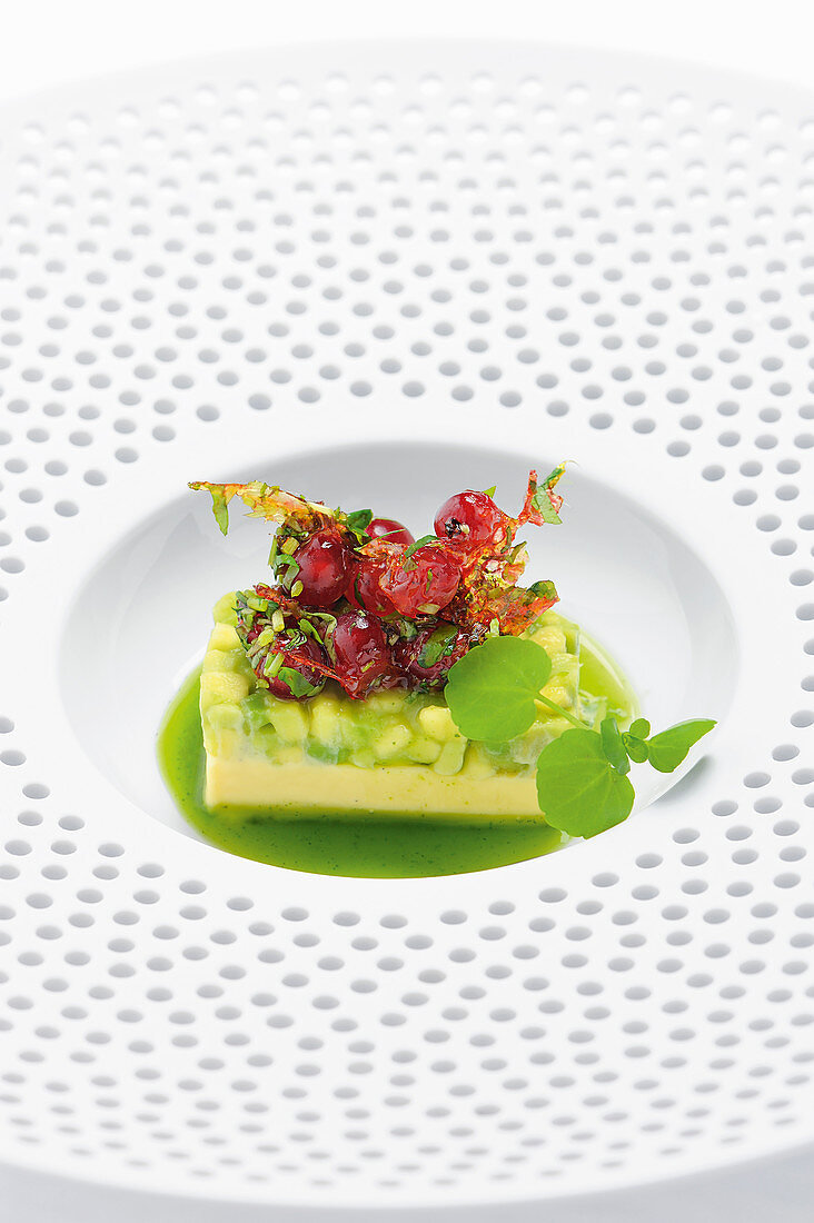 Avocado with watercress juice and redcurrant caramel