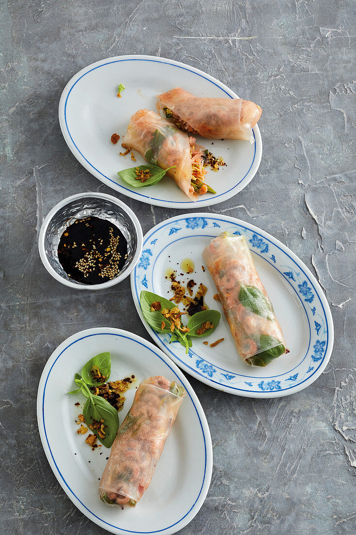 Summer rolls with North Sea shrimps and a sesame-soya dip