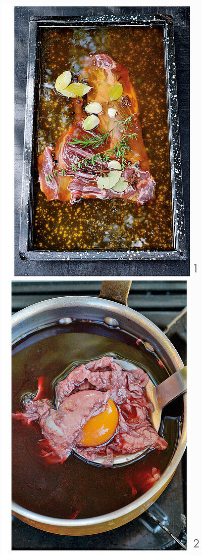 Confierter Wildschweinbauch mit Oeufs en Meurette zubereiten