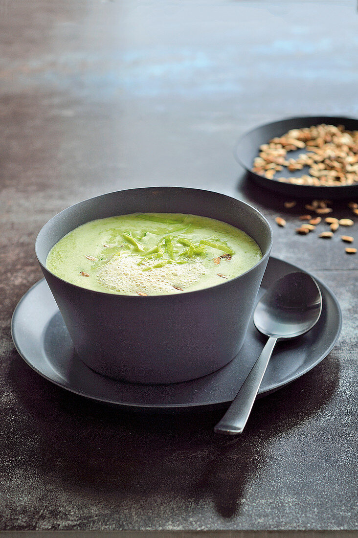 Potato salad soup with mushroom espuma