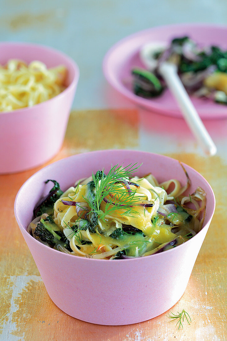 Pasta with Tuscan kale, flower sprouts and an orange and vanilla sauce
