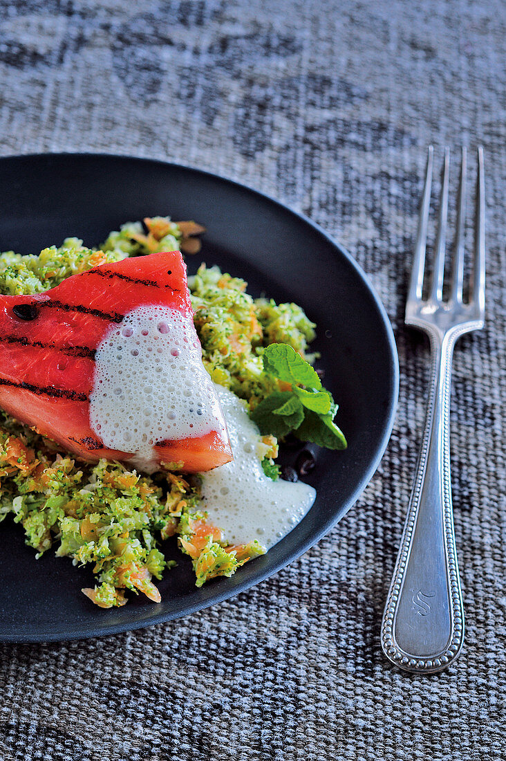 Grilled watermelon with peppermint sauce and vegetable couscous