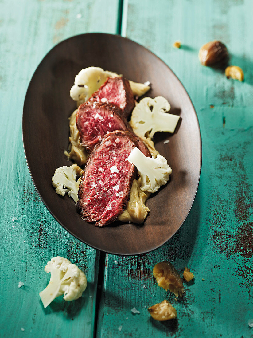 Hanger steak made in a Beefer with chestnut purée and cauliflower