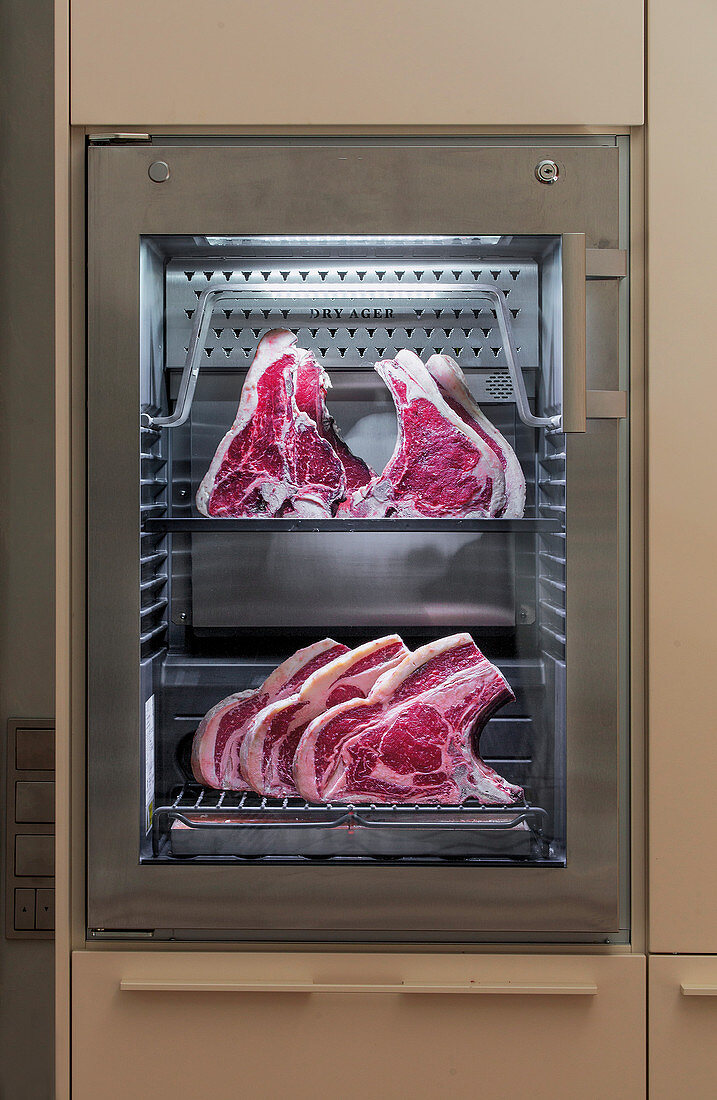 Meat maturing in a dry ageing cabinet