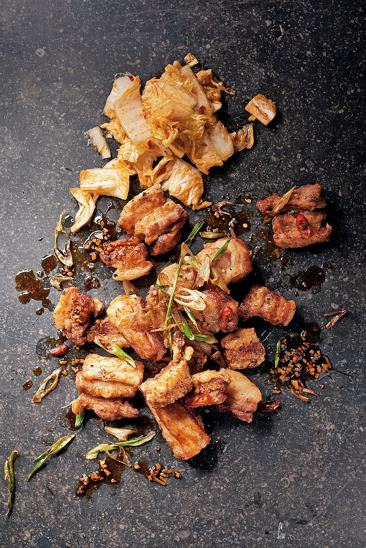 Fried pork belly with marinated Chinese cabbage