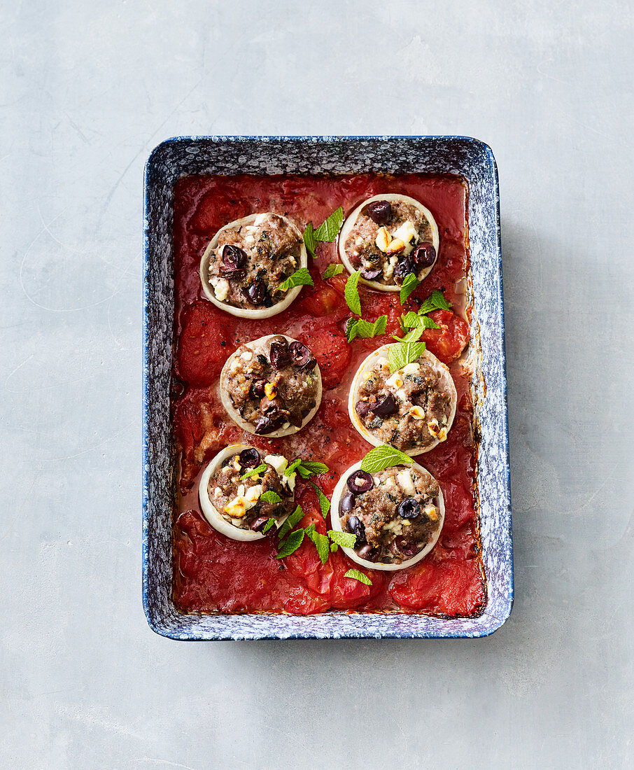 Stuffed Greek onions with minced meat and feta cheese