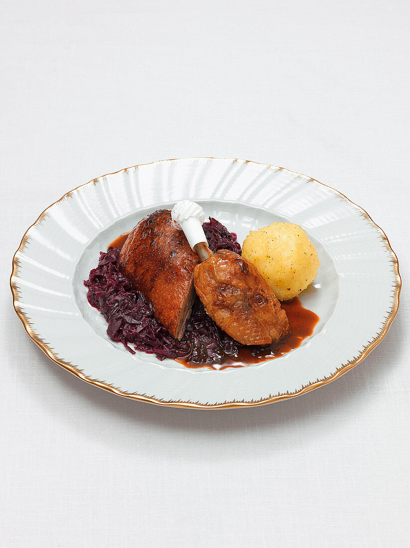 Roasted duck with dumplings and red cabbage
