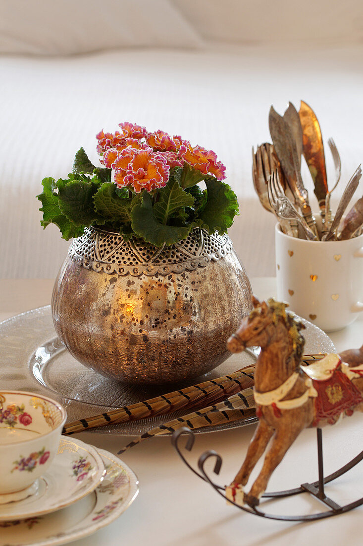 Vintage-style arrangement with primulas in silver vase