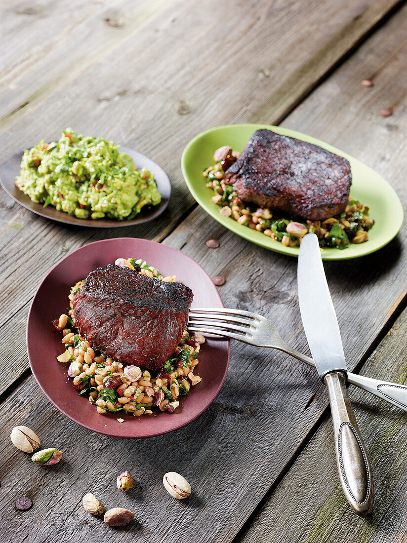 Wagyu rump steak made in a Beefer with a herb spelt salad and guacamole