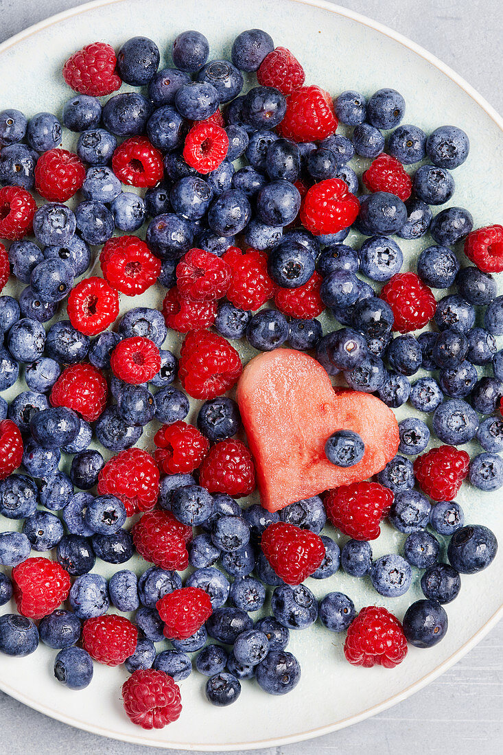 Blueberries, raspberries and a watermelon heart