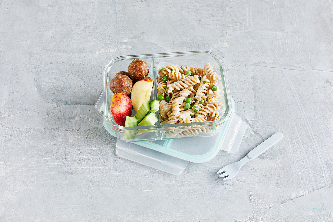 Pasta salad, chicken meatballs and fruit to go