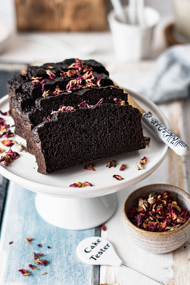 Chocolate cake with dried rose flakes