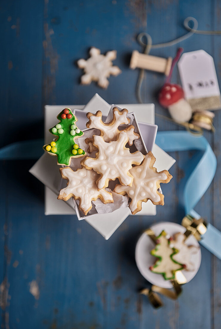Butter biscuits in a white box with Christmas decorations