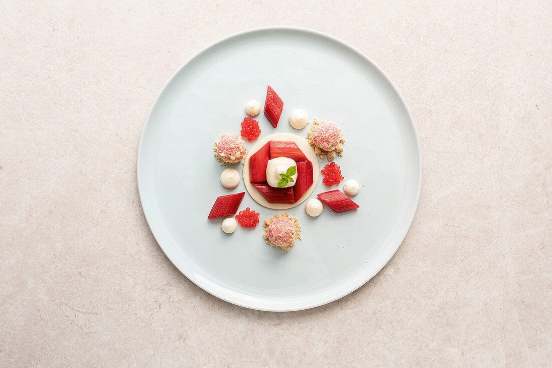 Rhubarb plated with kombucha, vanilla, and crunchy crumbs