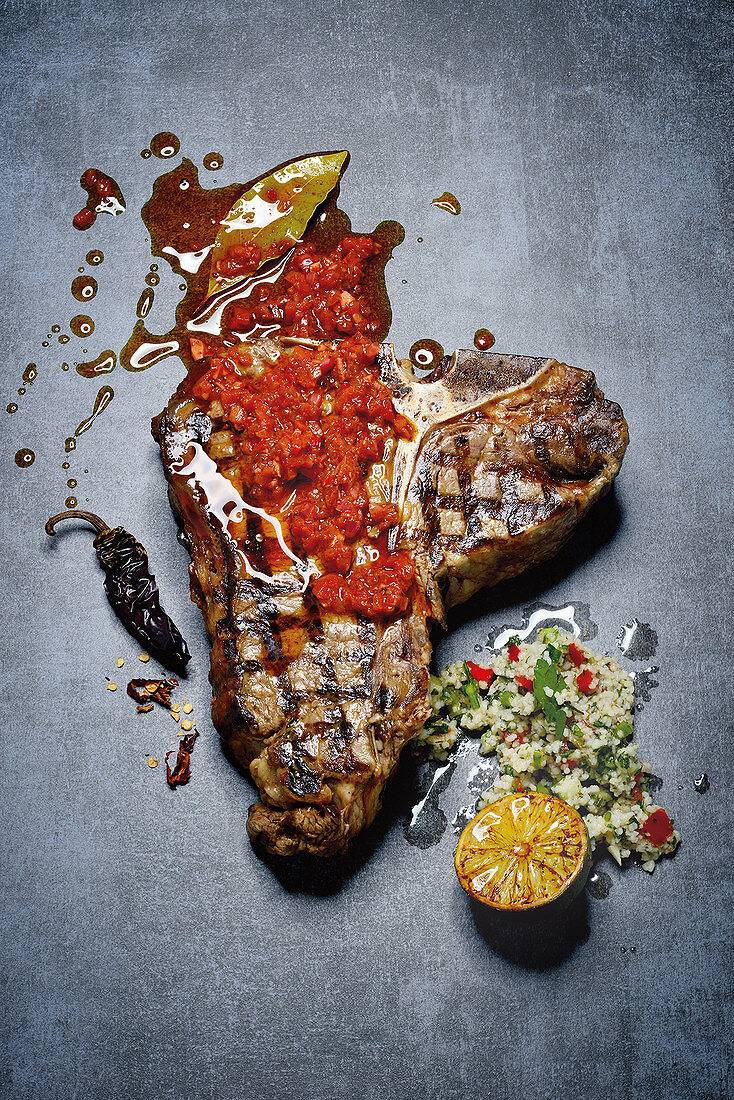 Grilled T-bone steak with Moroccan seasoning marinade and couscous