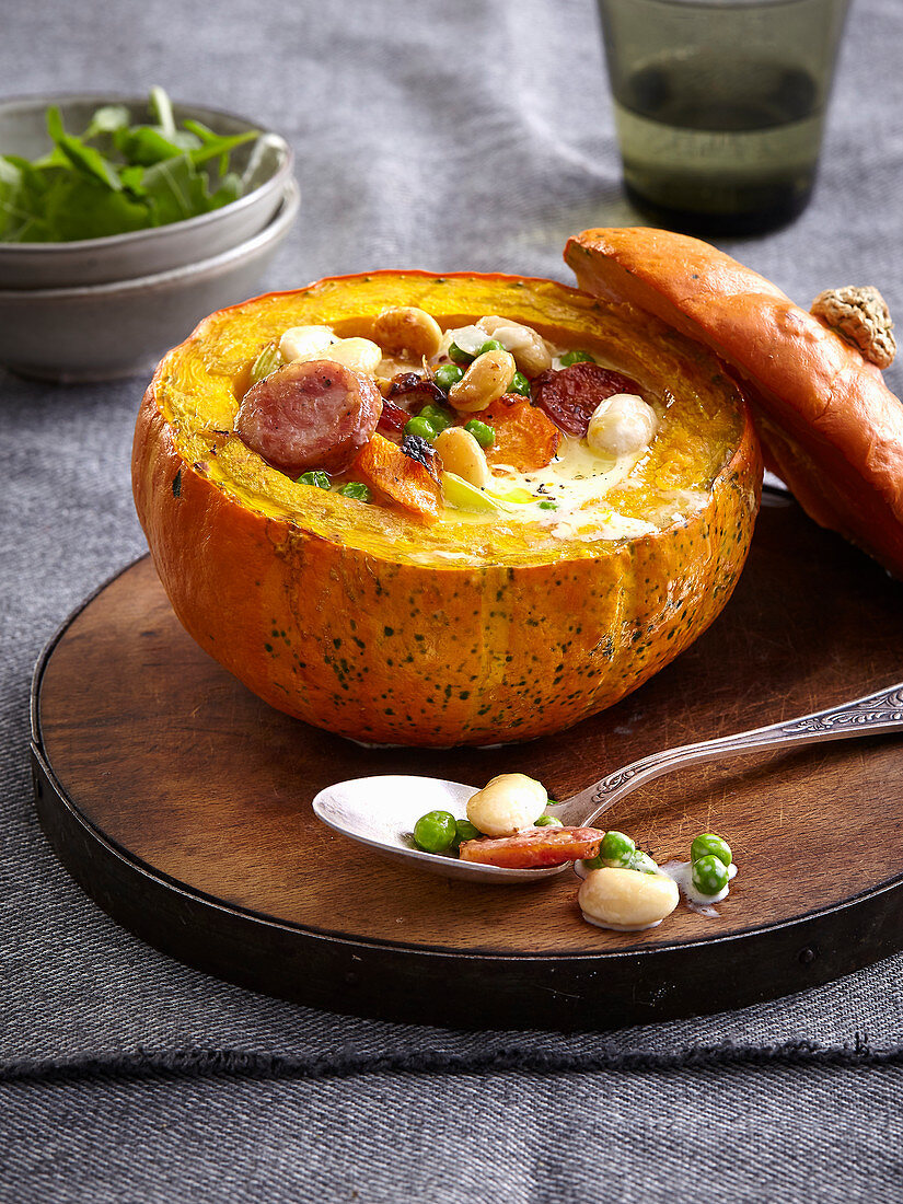 Baked pumpkin with sausage