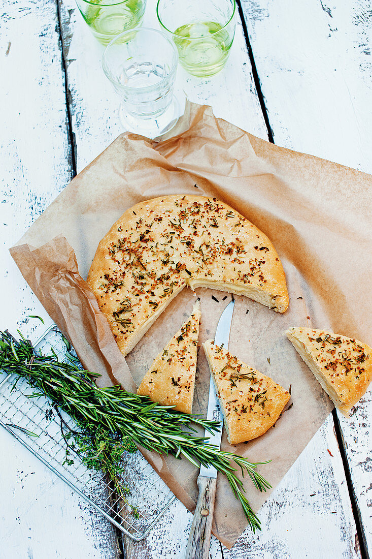 Stuffed focaccia with mozzarella, thyme and rosemary