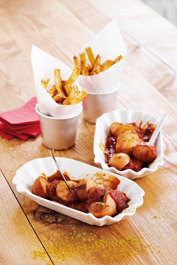 Curried sausage with homemade chips