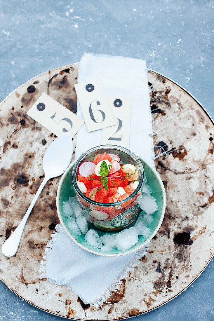 Savoury watermelon salad with mini mozzarella