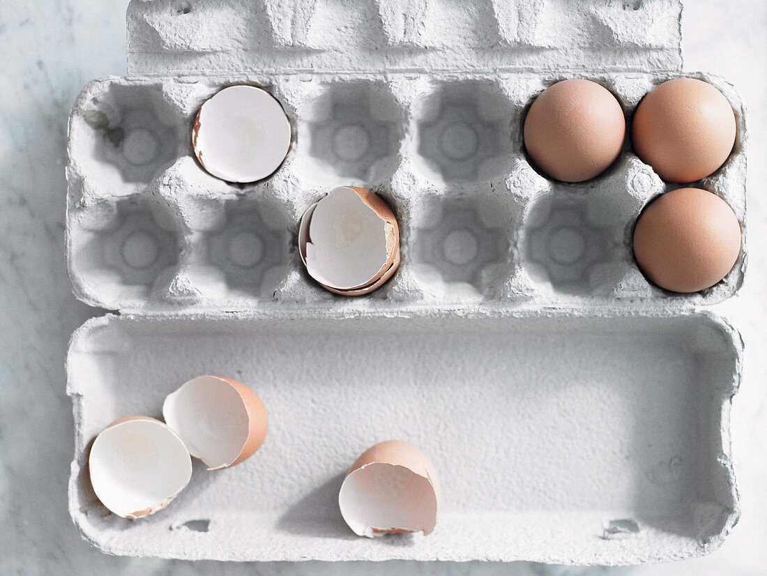 Braune Eier und Eierschalen in Eierkarton