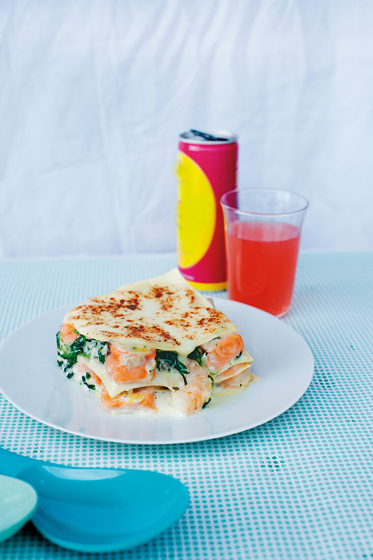 Prawn and salmon lasagne with spinach and mozzarella