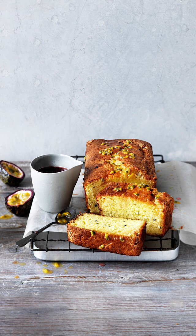 Passion fruit and yoghurt cake with rosehip syrup