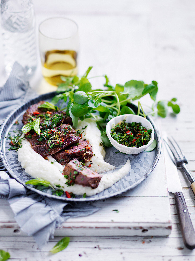 Spiced rubbed lamb with cauliflower purree