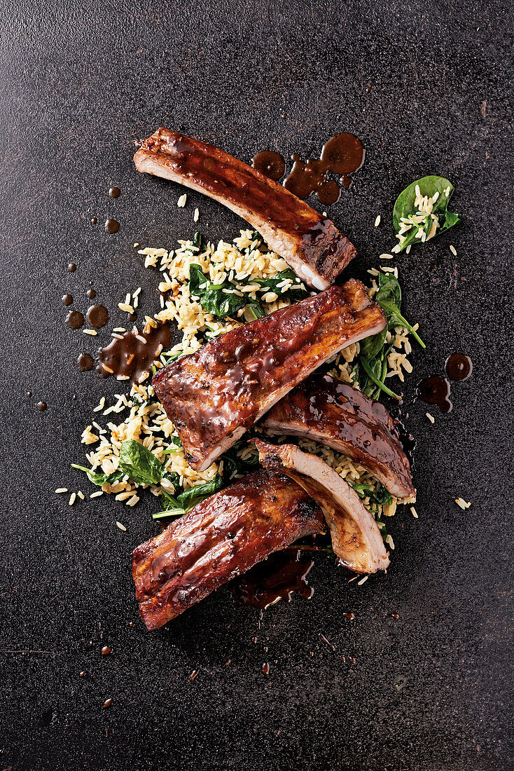 Sweet pork ribs with egg-fried rice