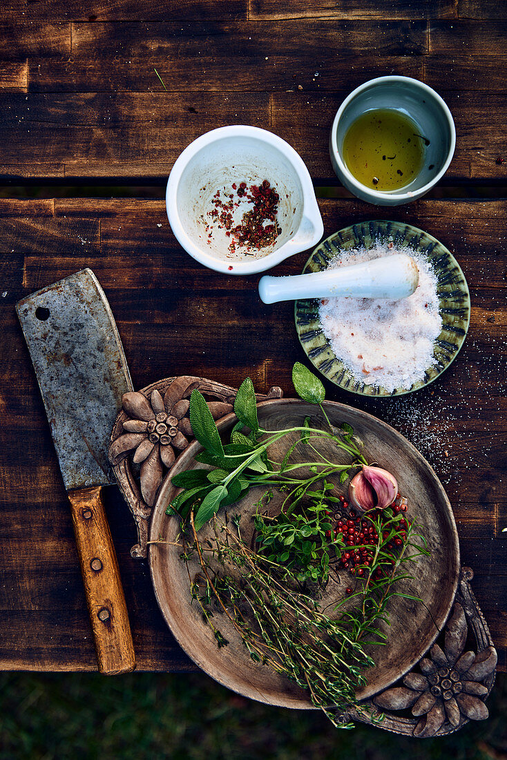 Herbs and spices on wooden table