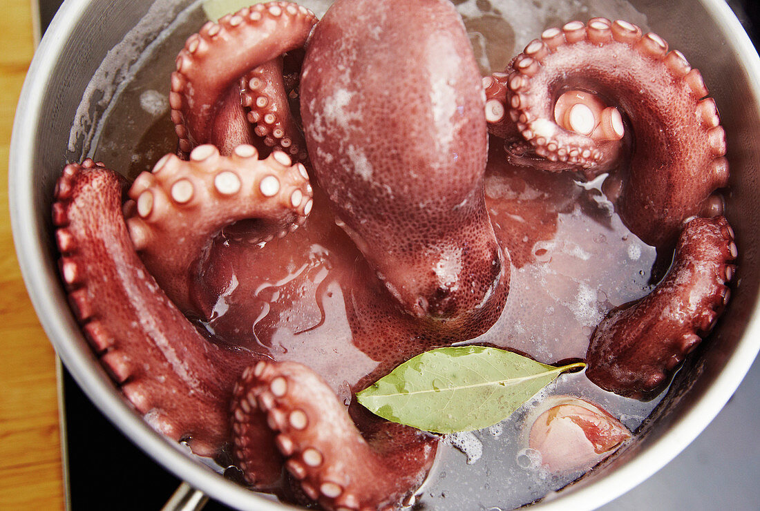 A raw octopus in a pot with a bay leaf