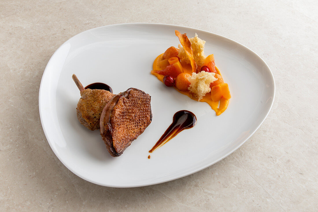 Nantaise duck, maple syrup, orange blossom jua and sweet potatoes