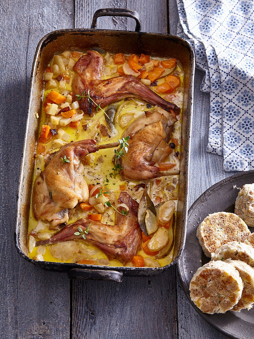Rabbit with creamy sauce and wholemeal dumpling