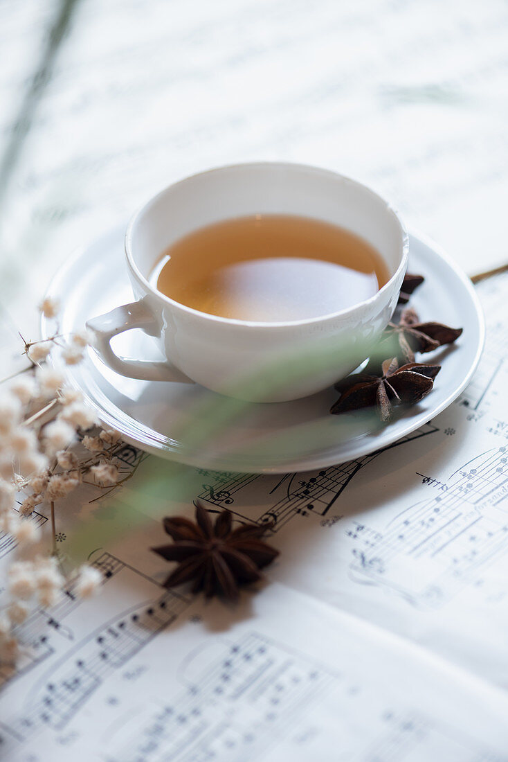 Tasse Tee mit Sternanis auf Notenblatt