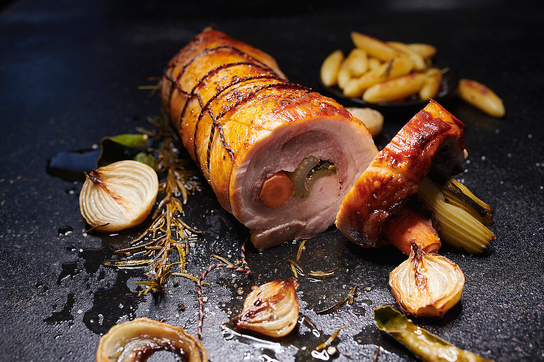 Stuffed wild boar roulade with potato … – License image – 13291176 ...