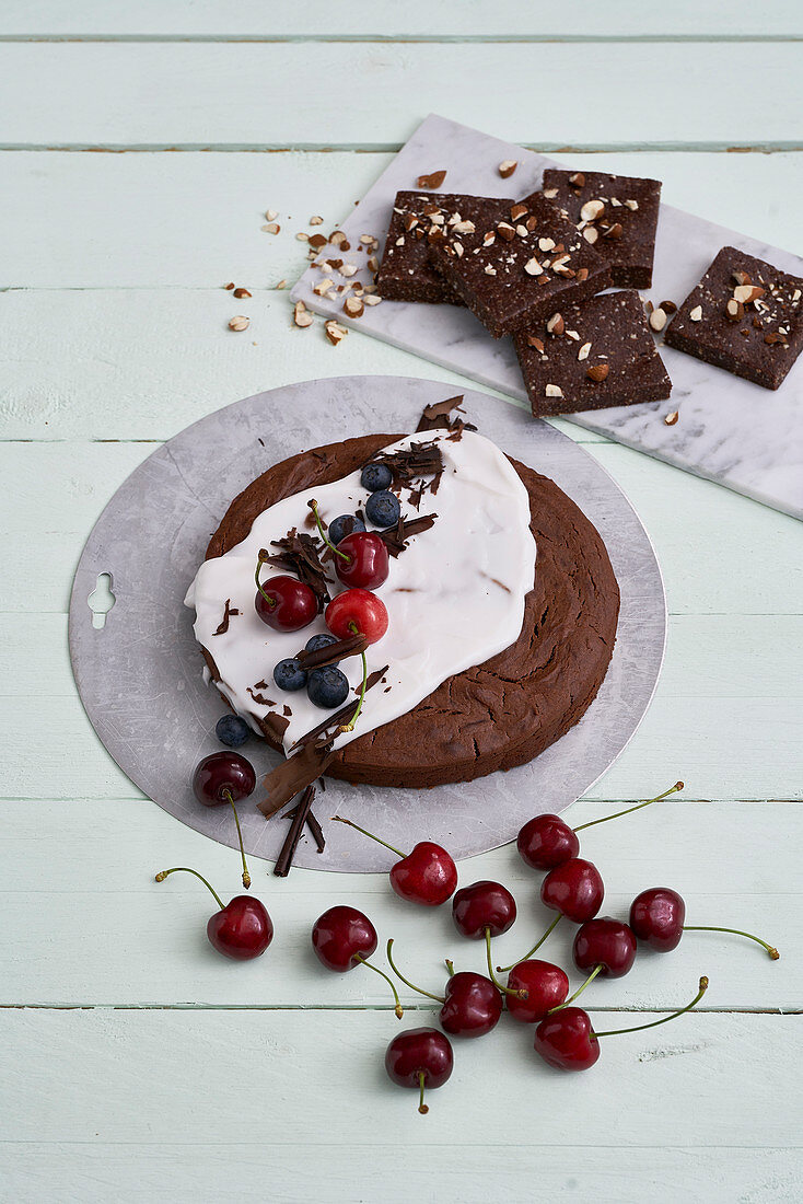 Vegan chocolate cake with cherries and vegan no-bake brownies
