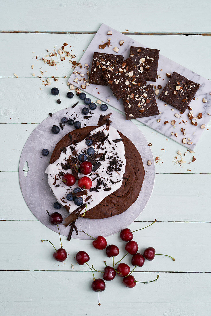 Vegan chocolate cake with cherries and vegan no-bake brownies