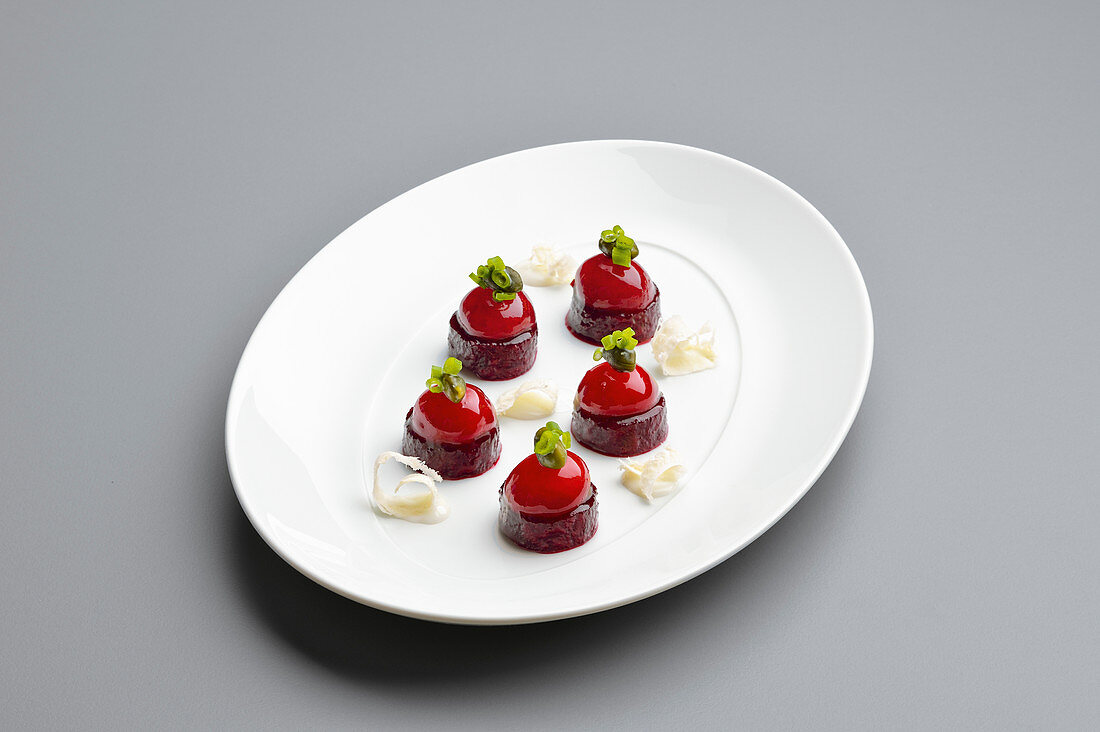 Salted sweet cherries with beetroot and rice cream