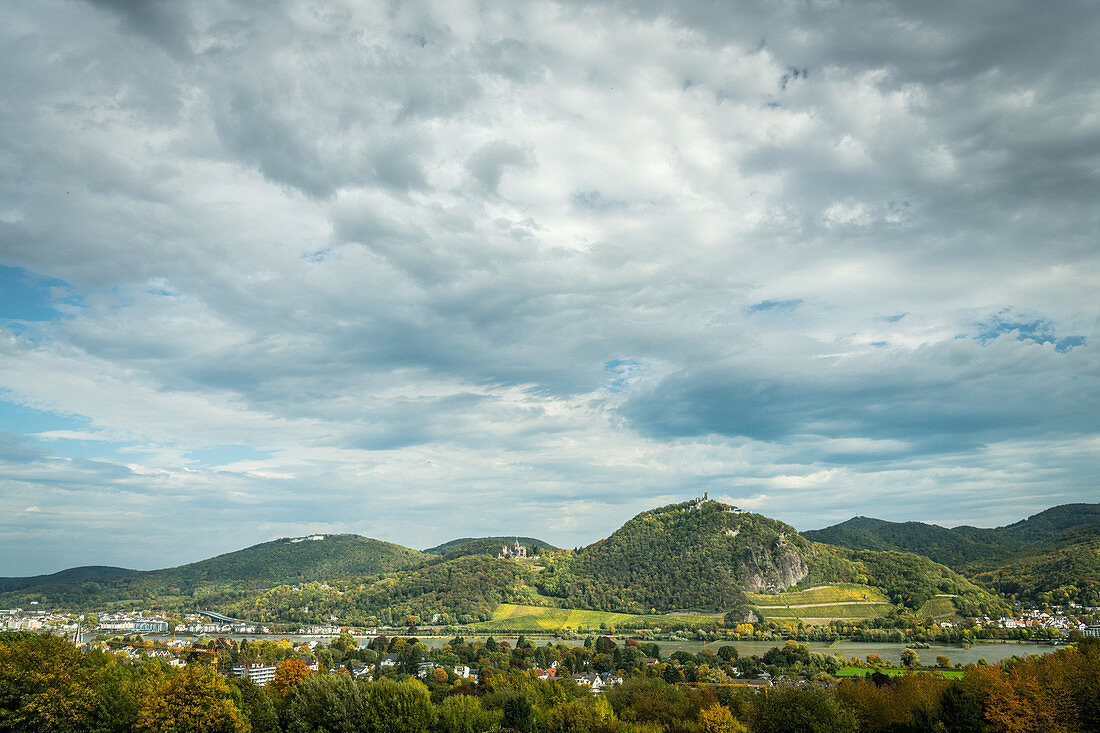 A view of the Siebengebirge mountain range, Petersberg mountain, Drachenburg mountain and Drachenfels, North Rhine-Westphalia, Germany