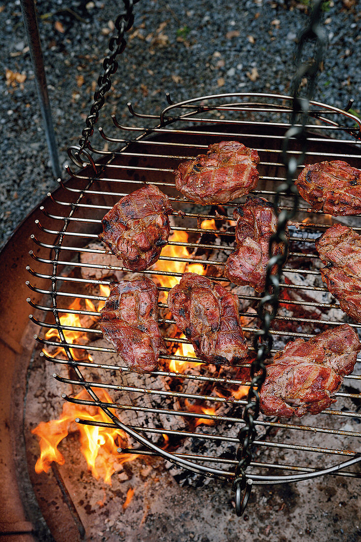 Food on a hanging grill