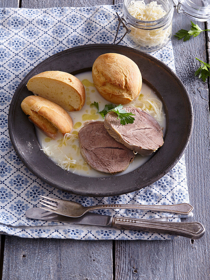 Horseradish sauce with beef and baked dumplings