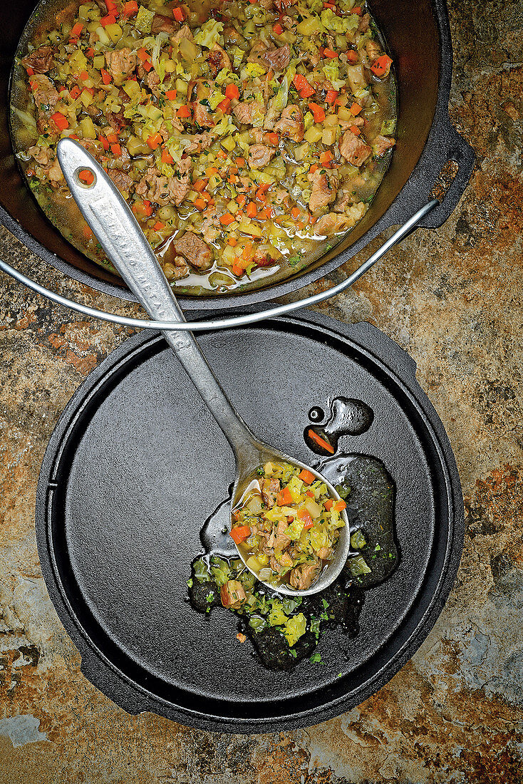 Pichelsteiner (German stew with meat and vegetables) made in a Dutch oven