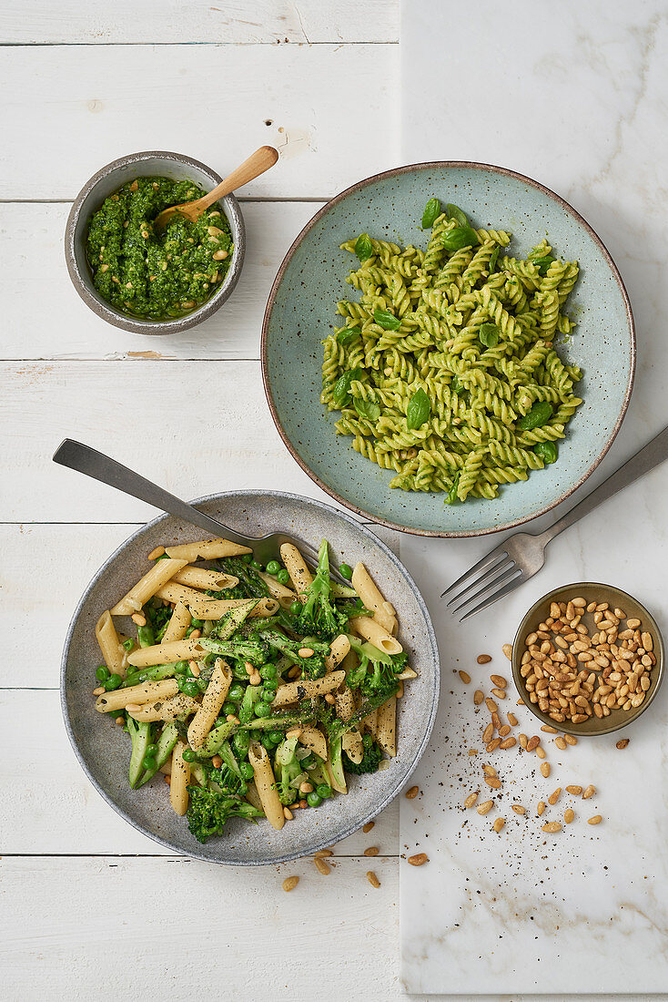 Green asparagus pasta and broccoli-pesto pasta