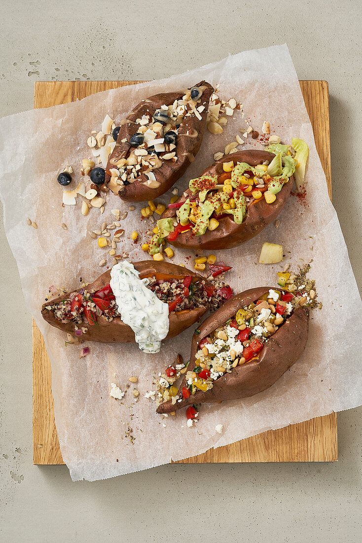 Variations of sweet potatoes: sweet, Mediterranean, Greek, and with avocado