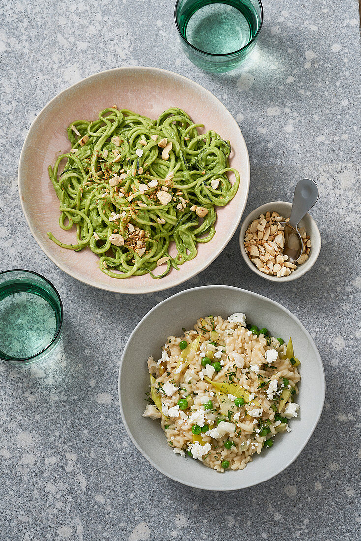 Zoodles with avocado sauce and creamy risotto with courgette and feta cheese
