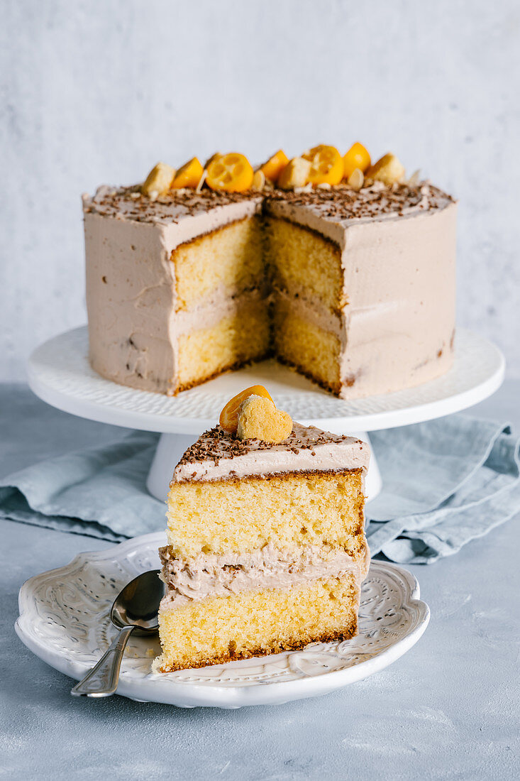 Vanillebutter-Biskuitkuchen mit Schokoladen-Nussnougat-Frosting