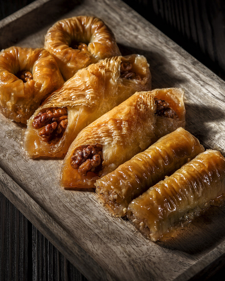 Assorted Turkish baklava in a rustic style