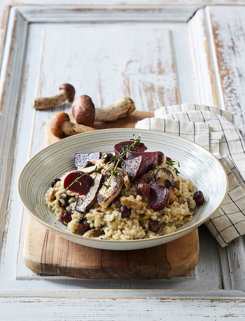 Mushroom risotto with nuts and roasted beets