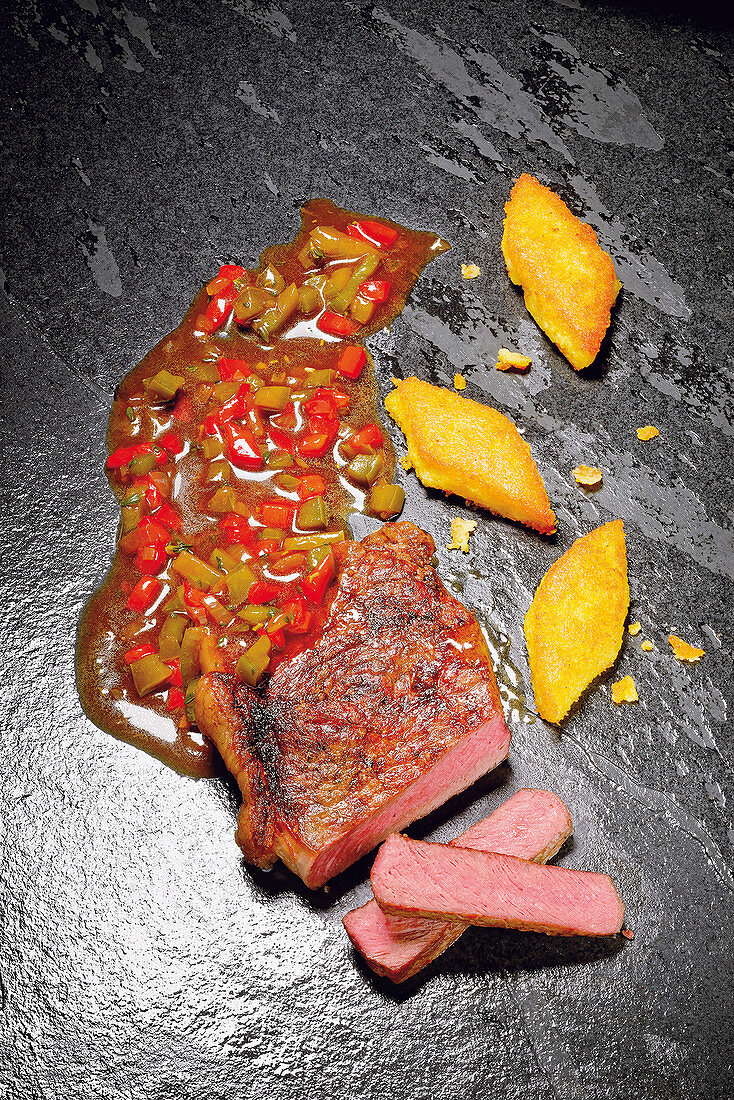 Grilled rump steak with New Orleans jus and polenta slices