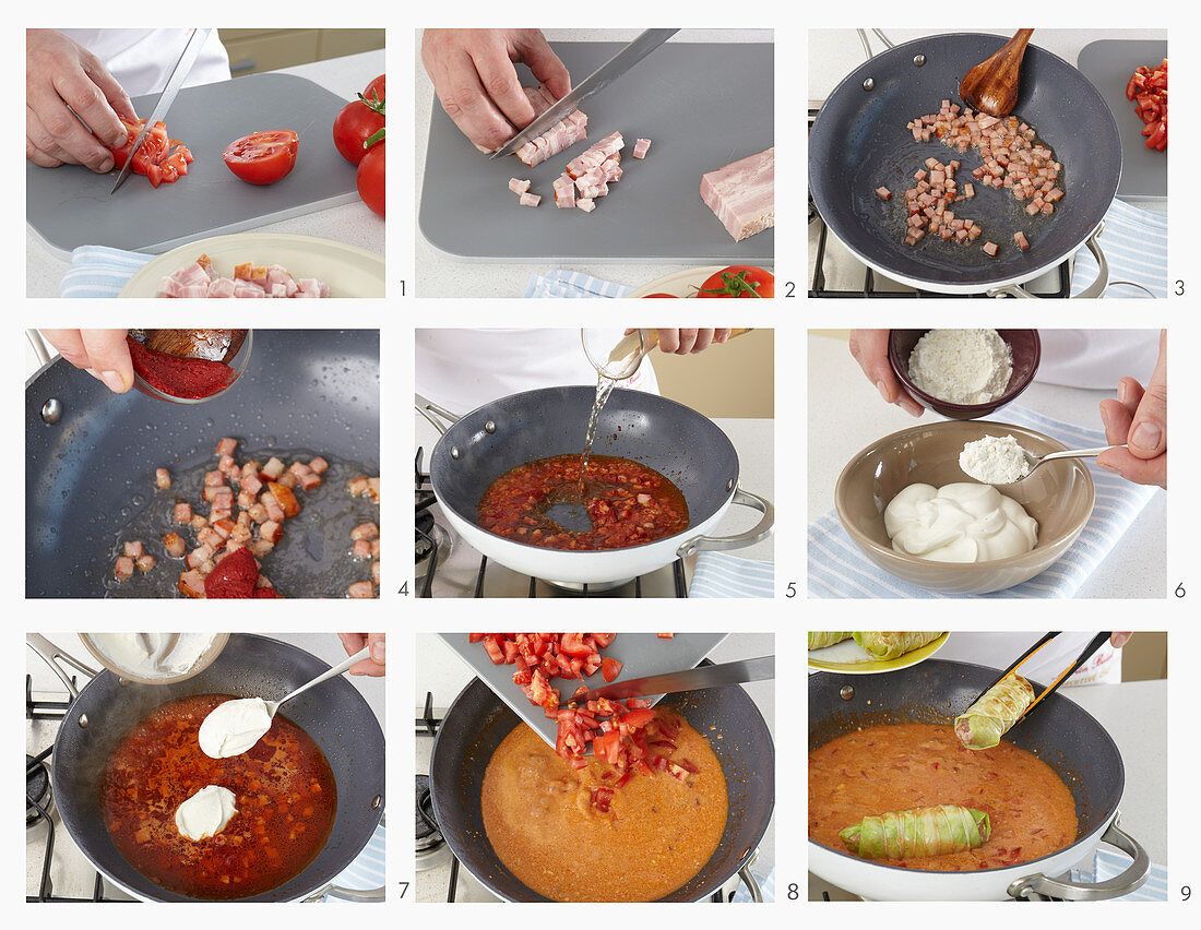 Preparing stuffed cabbage rolls with tomato sauce