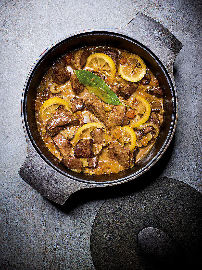 Beef heart ragout with spices and lemon